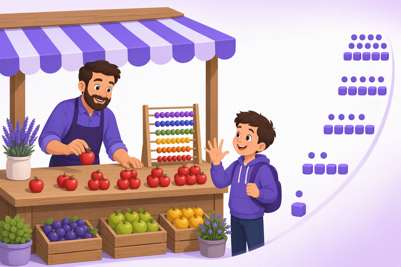 Market vendor arranging apples into separate groups while a young customer holds up an open hand, with a bead abacus on the counter and clusters of dots and cubes growing in size beside the stall