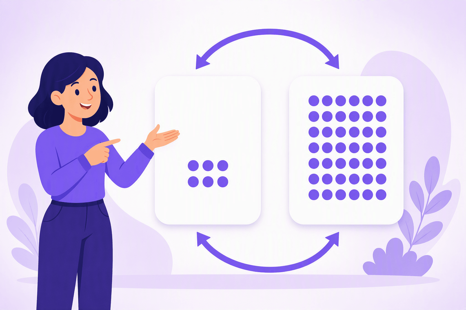Two cards side by side, one holding a small cluster of dots and the other a large grid of dots, with curved arrows looping between them to show the two groups trading places