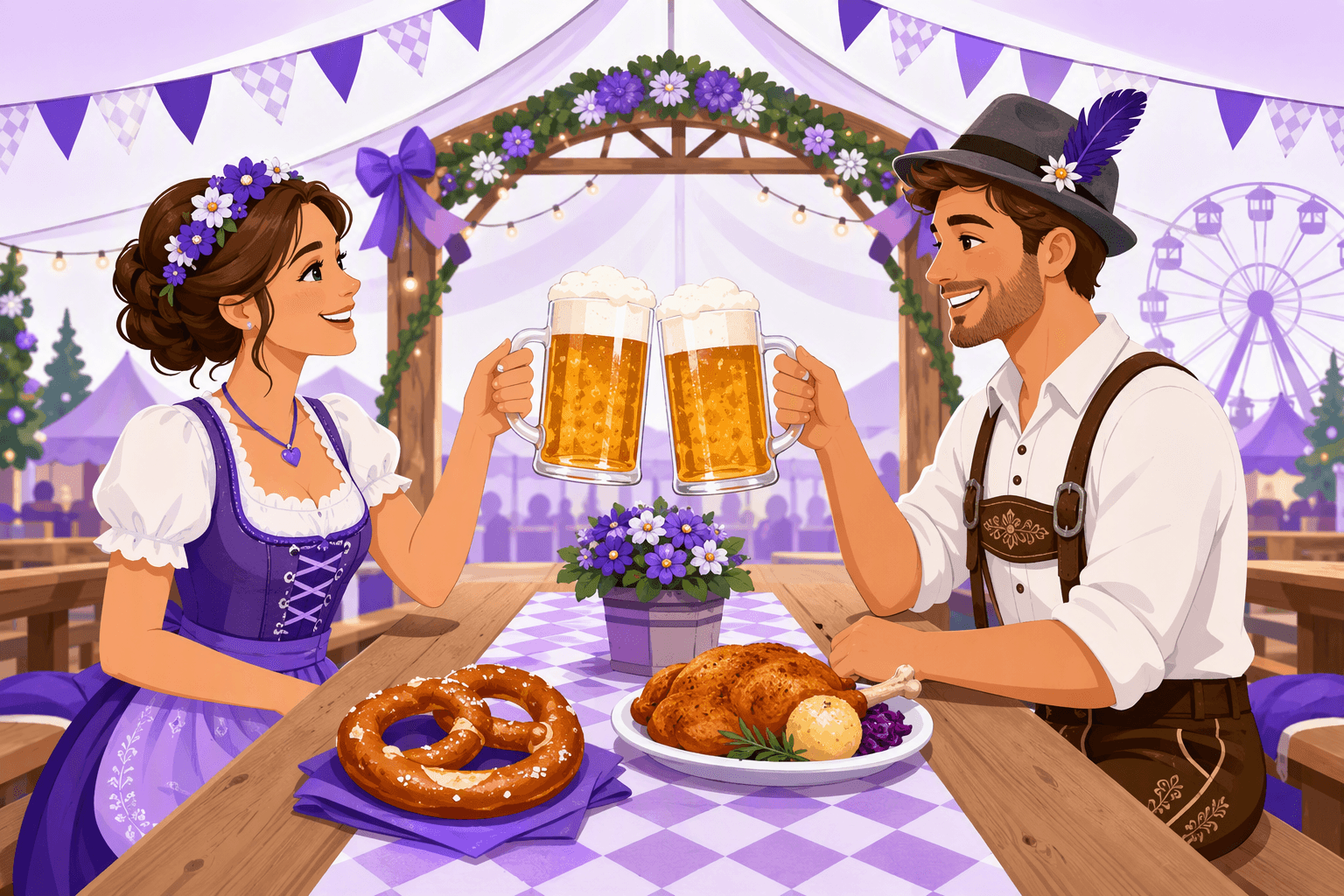 Two people in a dirndl and lederhosen clinking one-liter beer mugs at a long wooden table in a Bavarian beer tent, with a pretzel and roast chicken in front of them
