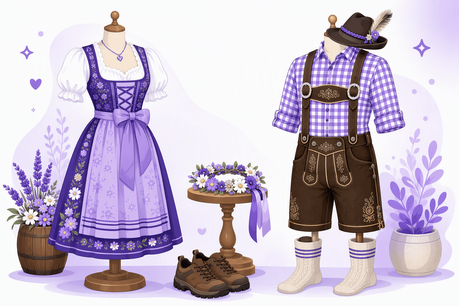 A dirndl with blouse and apron on one display stand and a lederhosen outfit with checkered shirt, suspenders, knee socks and alpine hat on another, with sturdy walking shoes and a flower crown between them