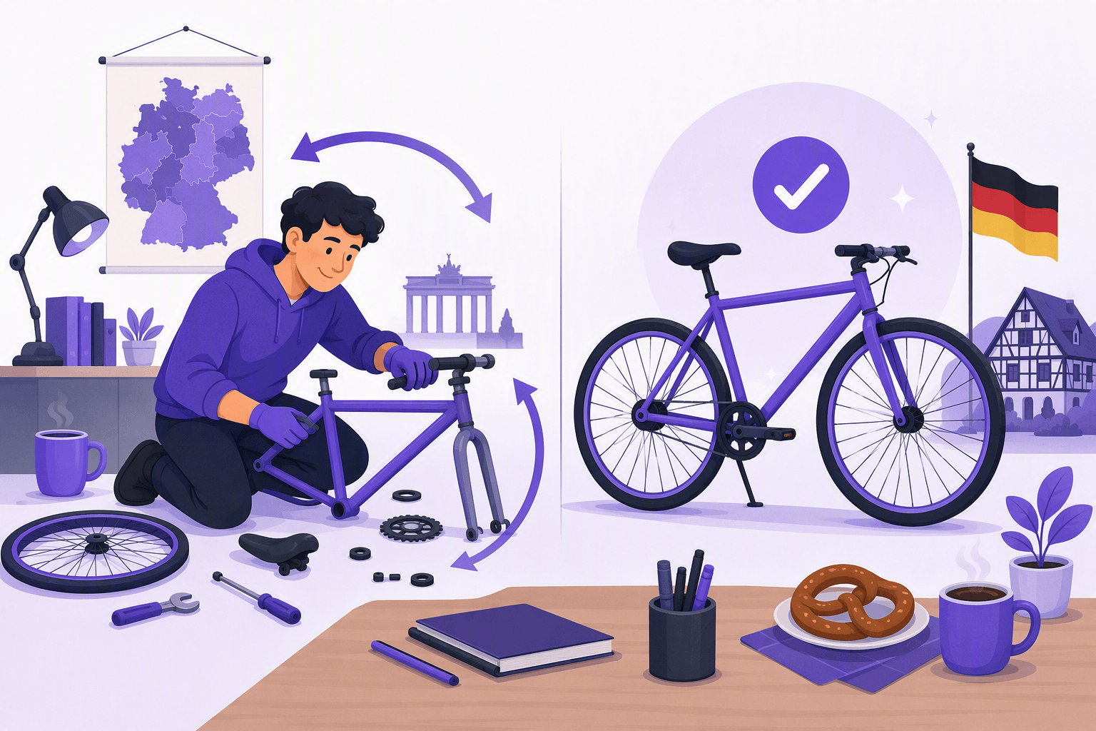 Flat-vector illustration contrasting an ongoing bicycle assembly action with a completed bicycle representing the difference between German passive action and passive resulting state, alongside a map of Germany and a coffee cup.
