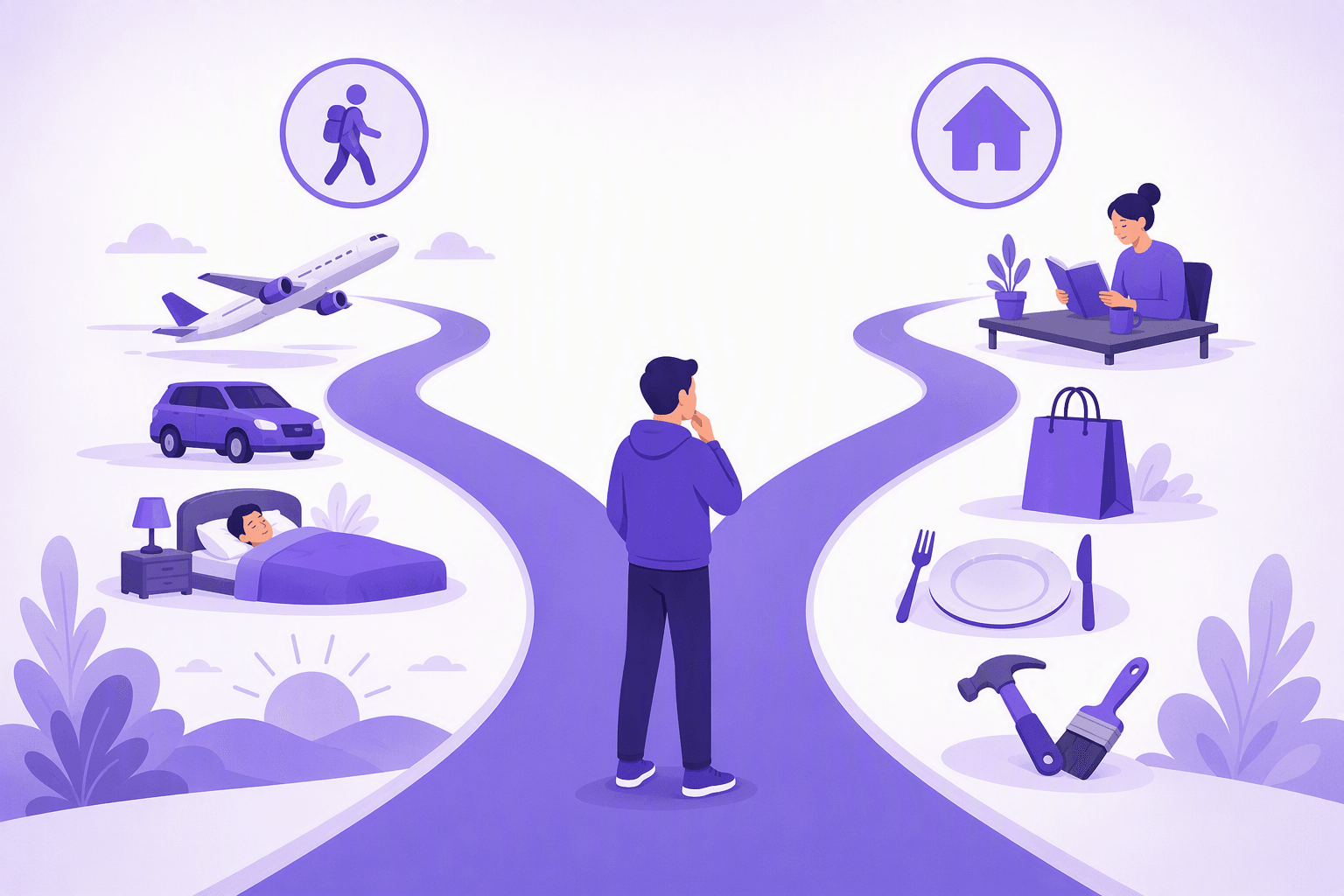 A person standing where a path forks, one branch lined with travel and change-of-state images such as a walker, a car, a plane and someone waking up, the other branch lined with everyday activity images such as reading, shopping, eating and repairs