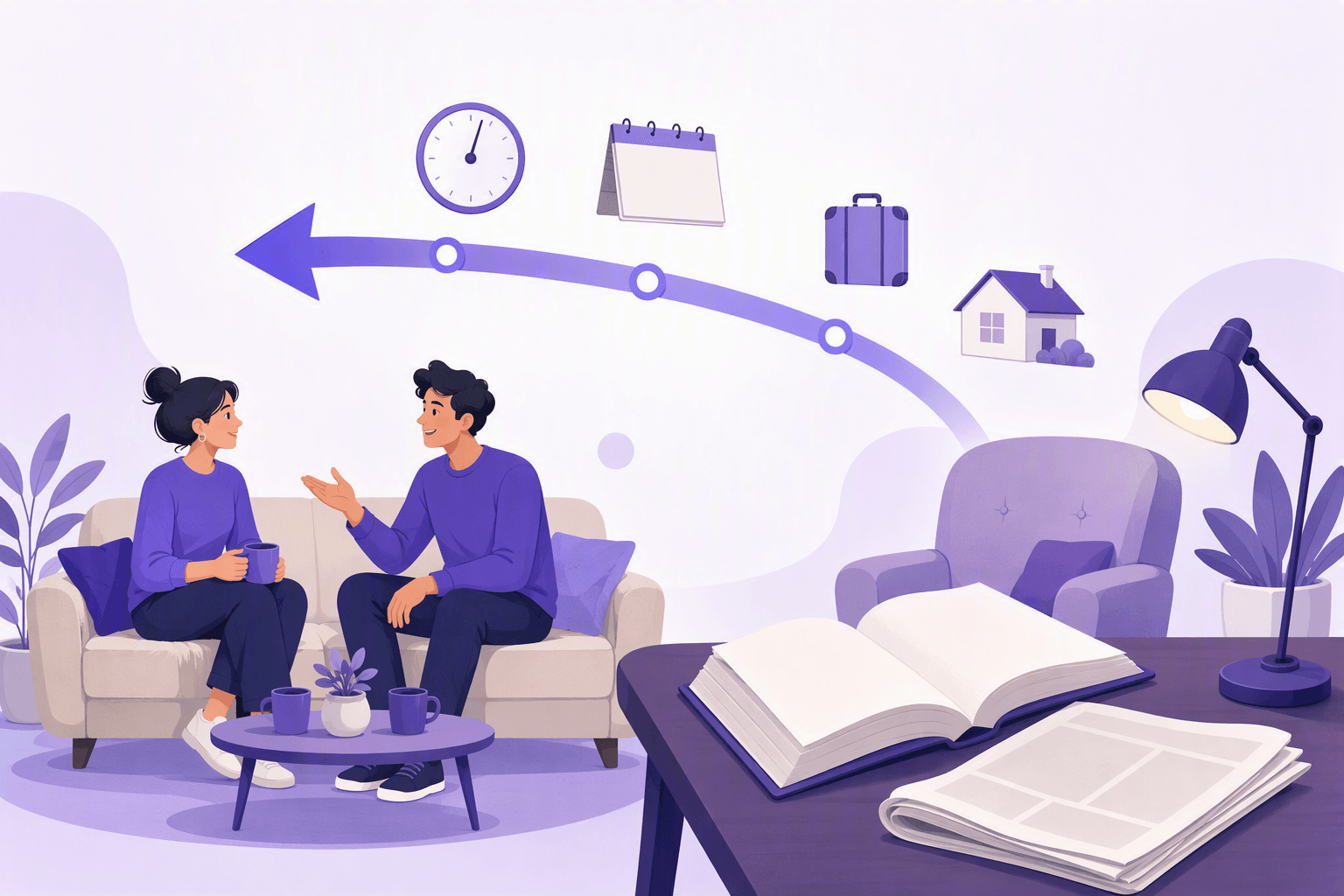 Two friends chatting on a sofa on one side and an open book with a newspaper on a reading desk on the other, joined by a curved arrow sweeping backwards along a timeline, showing the spoken past and the written past in German