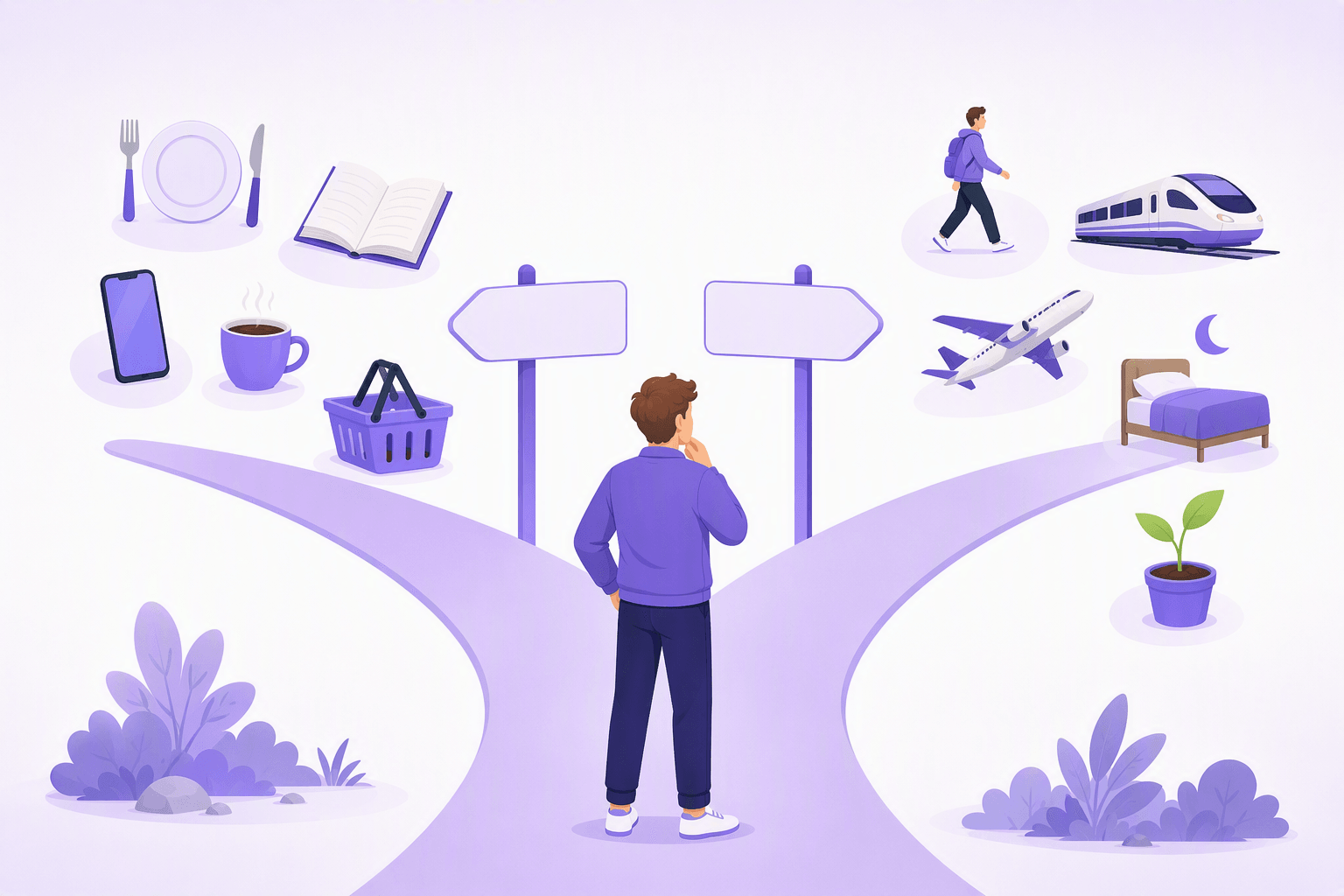 A person standing at a fork in the road with two blank signposts: the left branch is surrounded by everyday action icons such as a plate, a book, a phone, a coffee cup and a shopping basket, while the right branch is surrounded by movement and change icons such as a walking figure, a train, a plane, a bed and a sprouting plant, illustrating when German Perfekt takes haben and when it takes sein