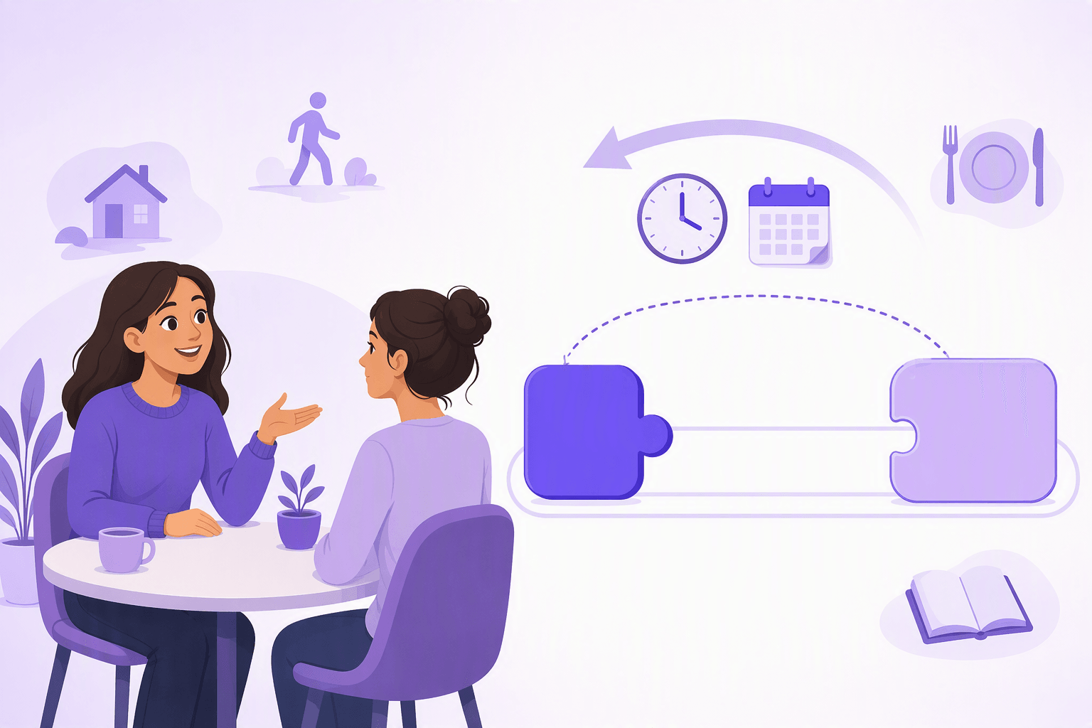 Two friends talking at a cafe table next to a diagram of two puzzle blocks linked across a track, one at the front and one at the very end, under a backward arrow with a clock and a calendar, showing how German Perfekt splits the verb between the helper and the participle