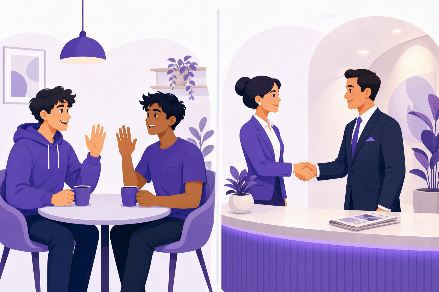Two side-by-side scenes: on the left two friends in casual clothes wave at each other over coffee, on the right two people in business suits shake hands at a reception counter with formal posture