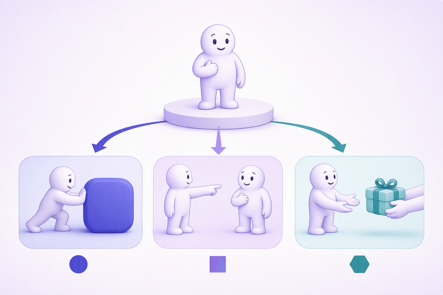 Flat illustration of one character on a pedestal linked by three arrows to three panels: the same character pushing a block as the doer, another character pointing straight at them as the one directly affected, and a pair of hands passing a parcel to them as the receiver