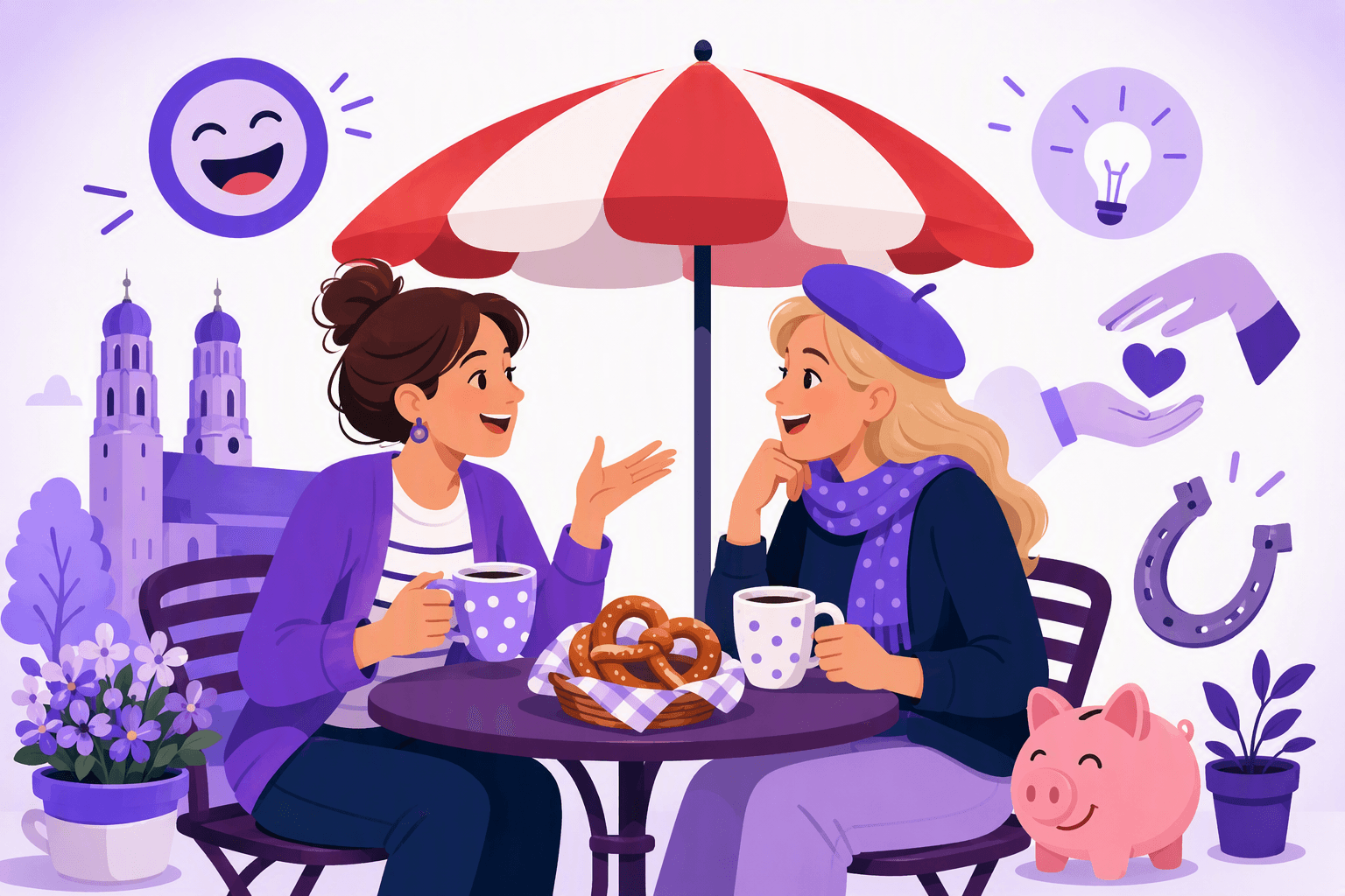 Flat-vector scene of two friends conversing at a German café beside coffee mugs, a pretzel, a red-and-white umbrella, a piggy bank, and a horseshoe, representing humorous and practical German sayings.
