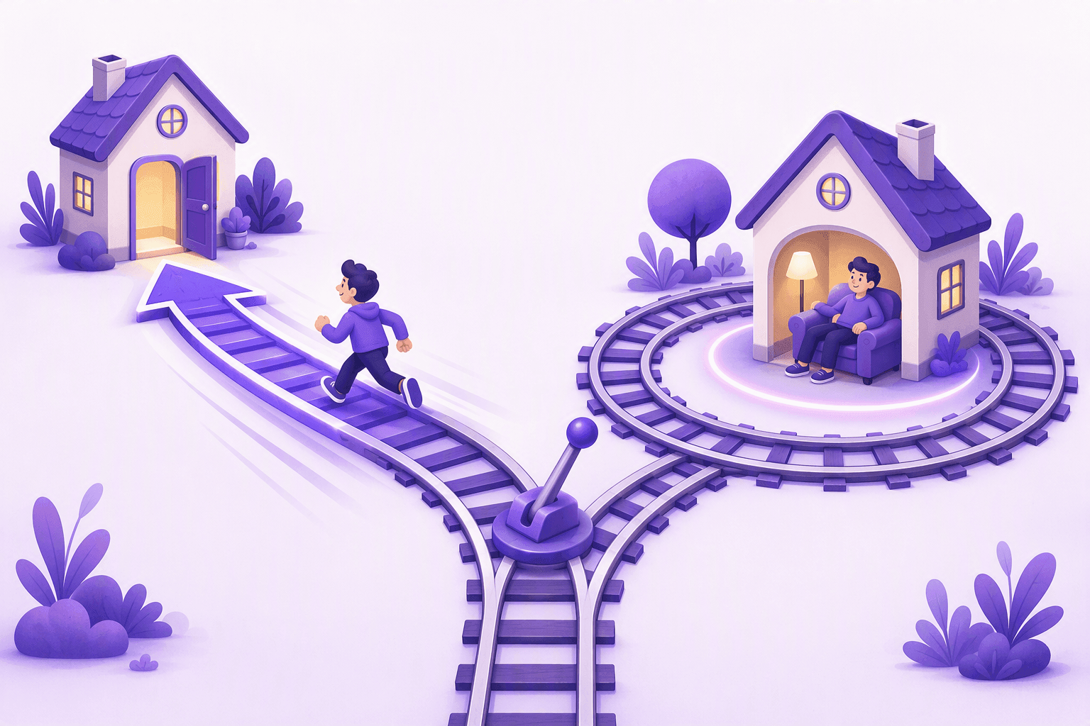A single railway track reaching a switch lever and splitting into two branches: one branch becomes an arrow racing toward the open door of a house, the other curls into a closed loop around a house where a figure sits still in an armchair, illustrating how one German preposition can point to a destination or mark a position