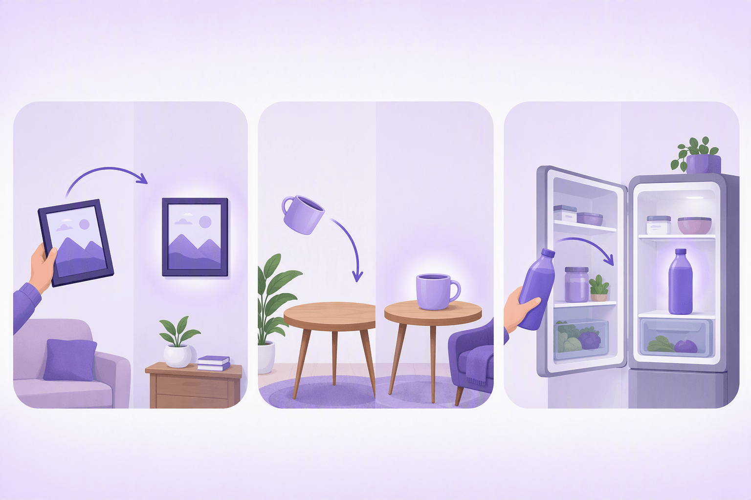 Three panels contrasting movement with rest: a framed picture travelling along a curved arrow toward a wall next to the same picture hanging still on the wall, a cup arcing down toward a table next to the same cup resting on the table, and a bottle moving into an open fridge next to the same bottle standing still on a fridge shelf