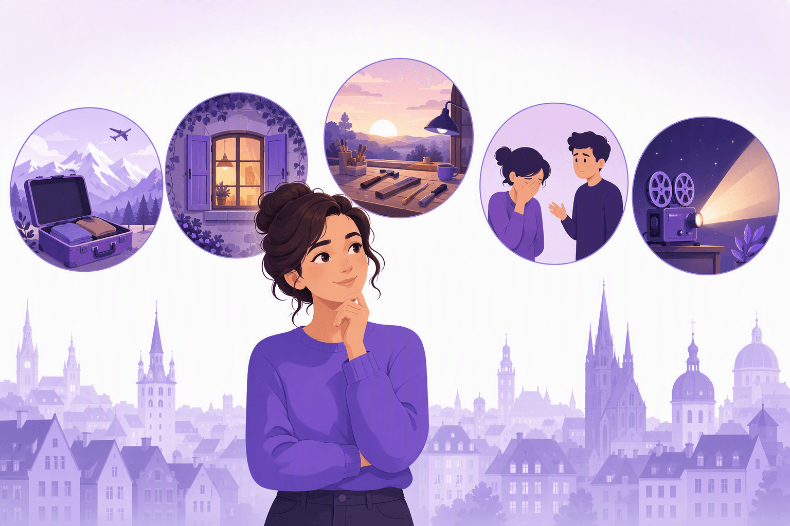 Illustration of German feeling-words: a suitcase and distant mountains, a warmly lit home window, tools laid down at sunset, an awkward social moment, and a film projector, over a silhouette of German rooftops