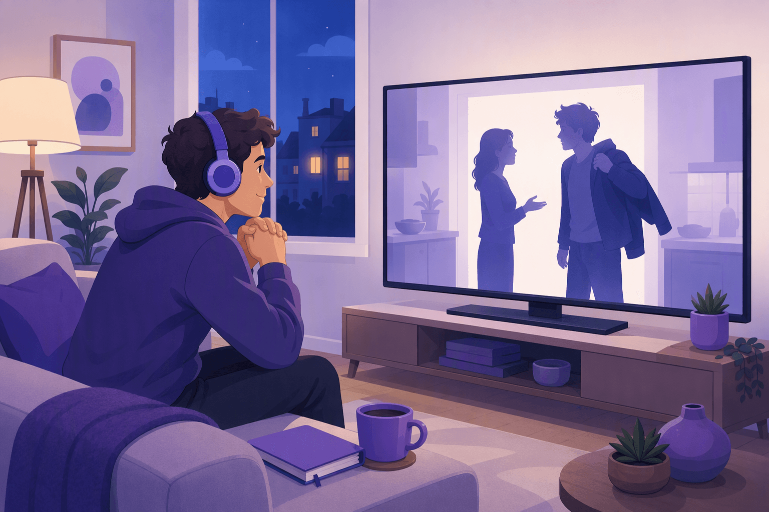 A learner with headphones on a couch, watching a film scene of two people talking in a kitchen doorway, a notebook and a warm mug beside him