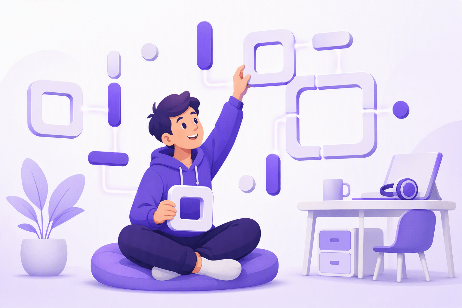 A learner assembling simple abstract shapes into square building blocks, a visual metaphor for how Hangul consonants and vowels combine into syllable blocks