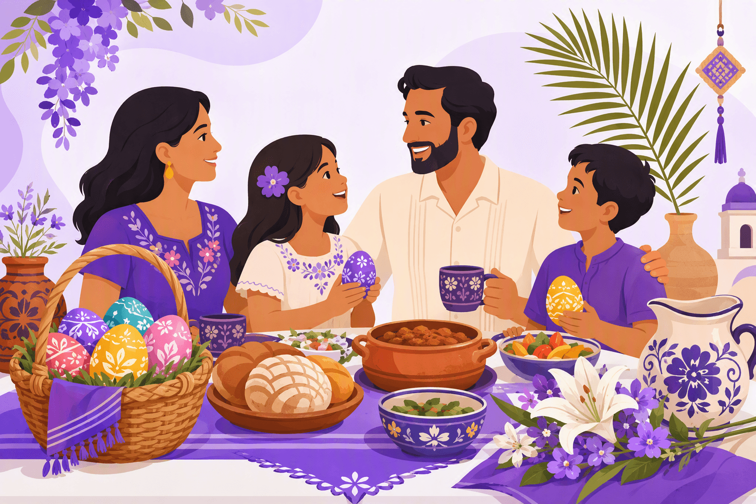 Flat-vector Easter illustration showing decorated eggs, spring flowers, a woven basket, a smiling family at a festive meal, a palm branch, and Spanish and Latin American-inspired ceramic tableware.