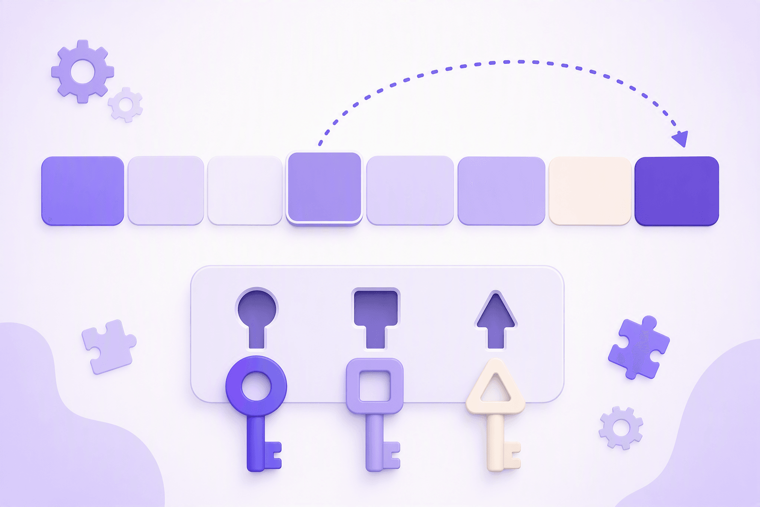 A row of blank blocks with one block arcing to the end of the row, above three differently shaped keys fitting into matching sockets, a visual metaphor for verb-final word order and case endings