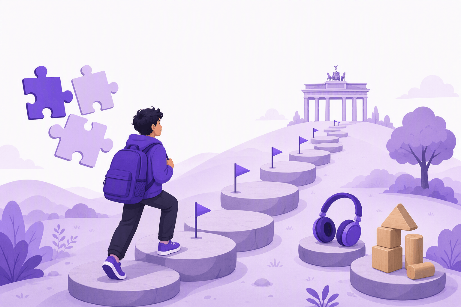 A learner climbing a gently rising path of rounded steps toward a stylized German landmark, surrounded by puzzle pieces and building blocks that stand for grammar