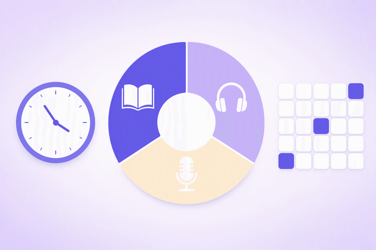 A ring split into three segments holding a book, headphones and a microphone, beside a numberless clock face and a planner grid with a few squares marked