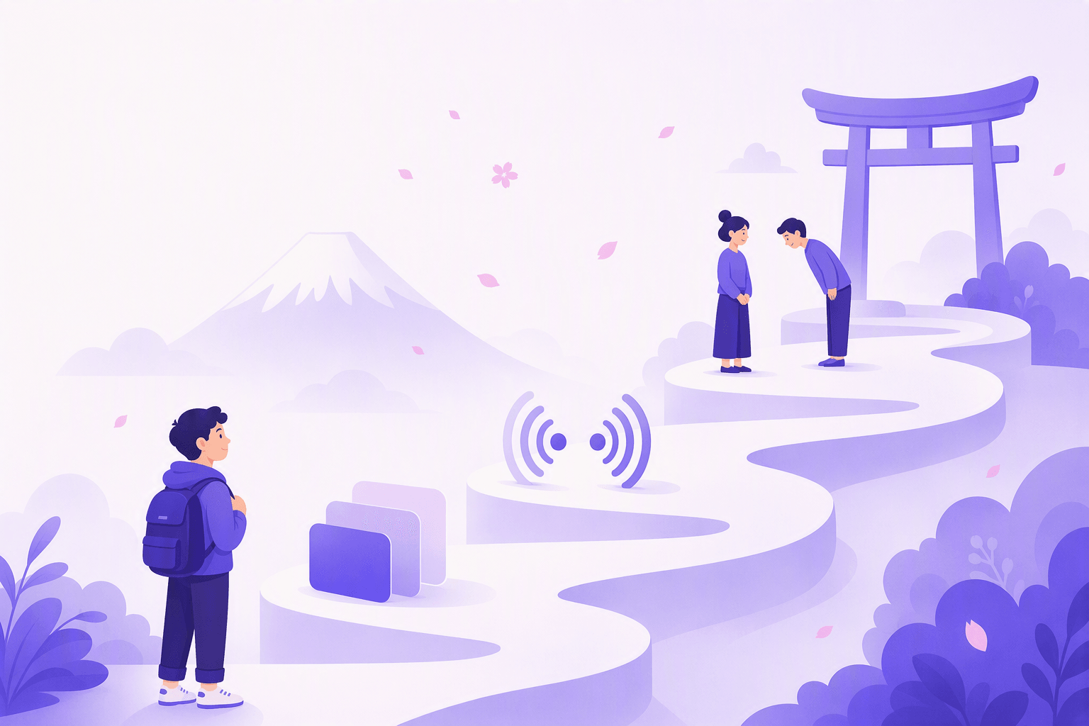 A learner at the start of a winding path that rises past three milestones: layered cards for the writing system, sound waves for listening, and two figures bowing for politeness