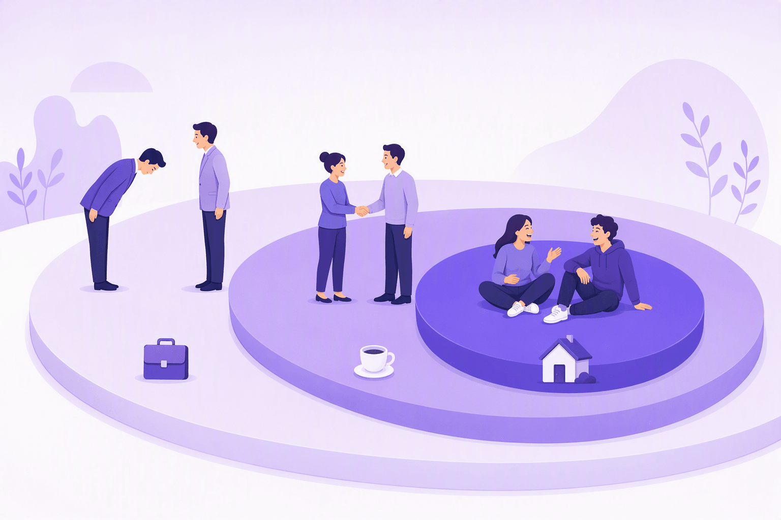 Three concentric platforms showing shrinking social distance: a deep bow beside a briefcase on the outer ring, a handshake beside a coffee cup in the middle, and two friends sitting and laughing beside a small house in the centre
