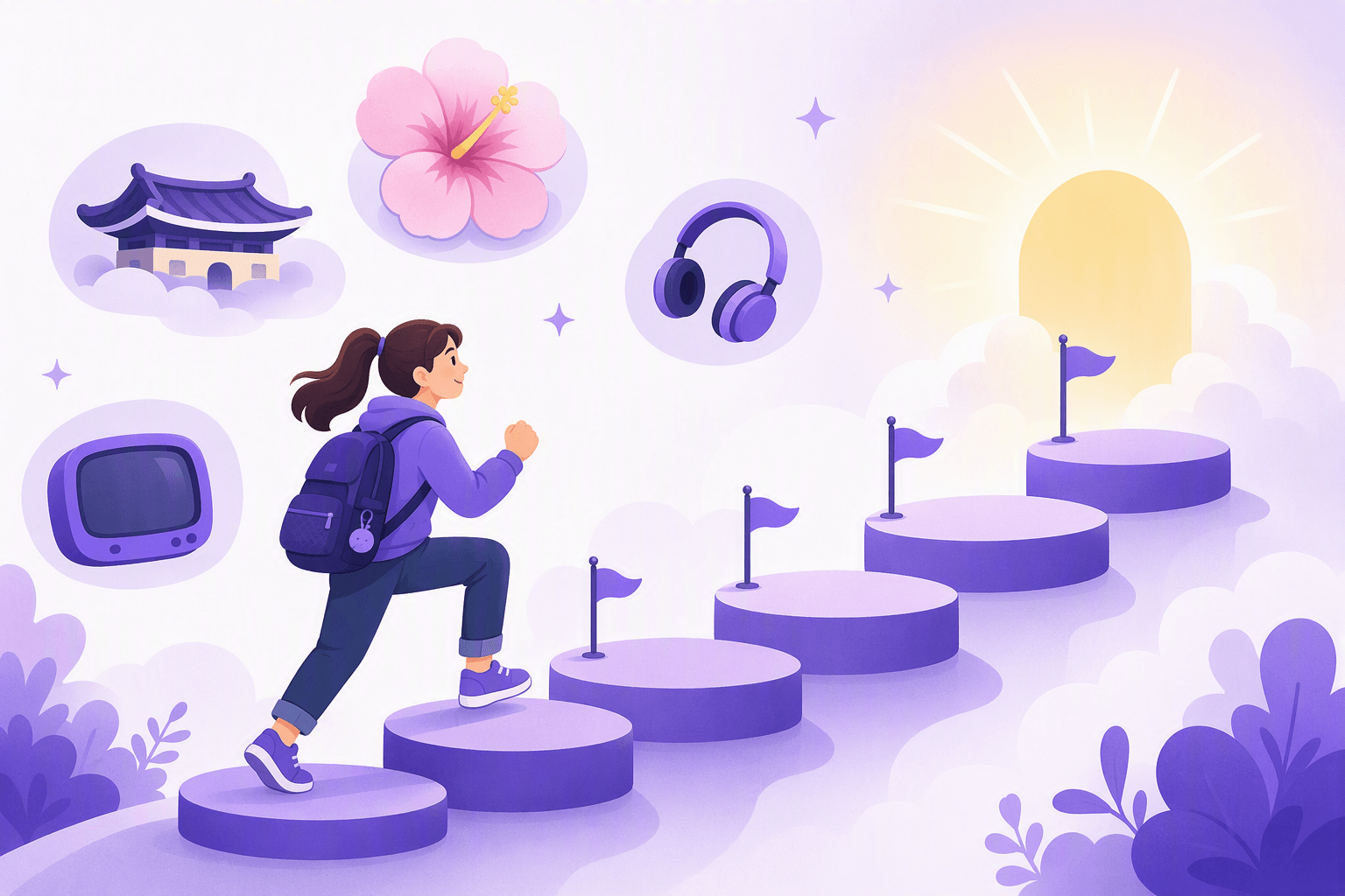 A learner climbing a series of rising stepping platforms marked with milestone flags toward a glowing sunrise, with Korean cultural symbols floating alongside the path