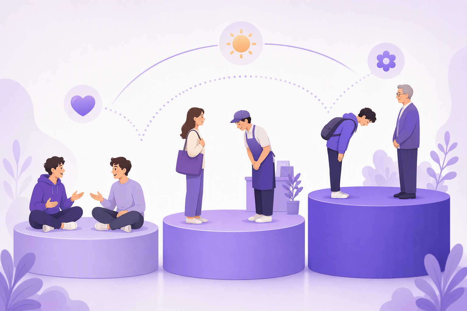 Three rising platforms showing the same social situation at different politeness levels: two relaxed friends sitting and chatting, a customer and a shop worker with a small bow, and a young person bowing deeply to an older figure