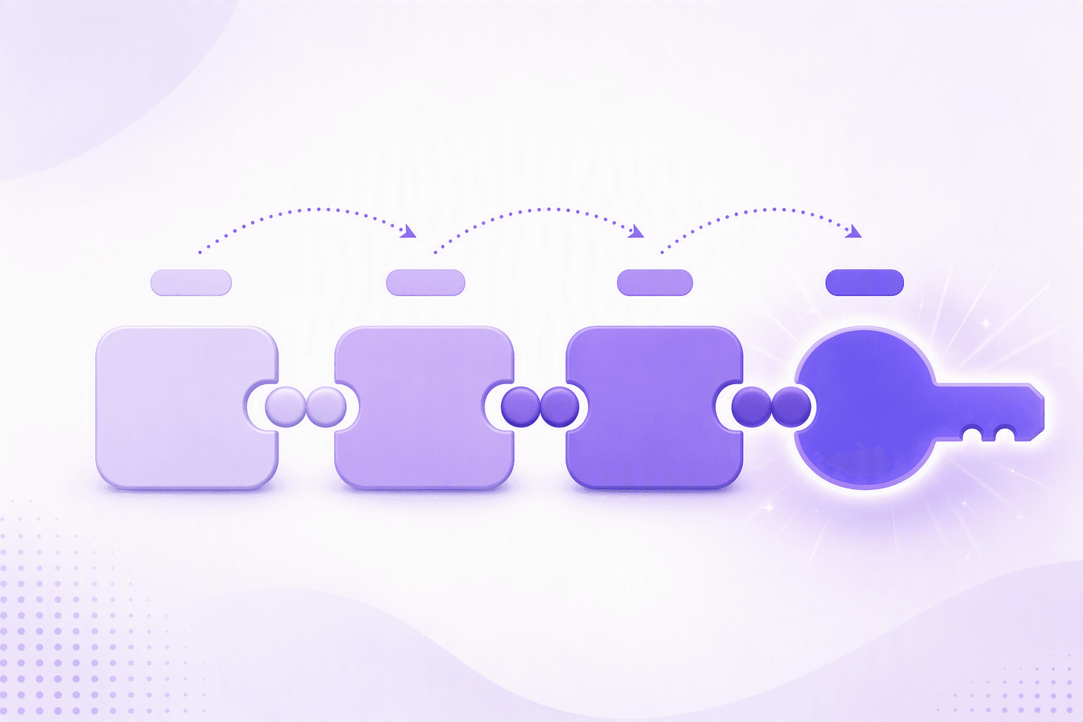 A row of rounded sentence blocks joined by small connector beads, with a small marker tag above each block and a glowing key-shaped final piece that locks the row together at the end