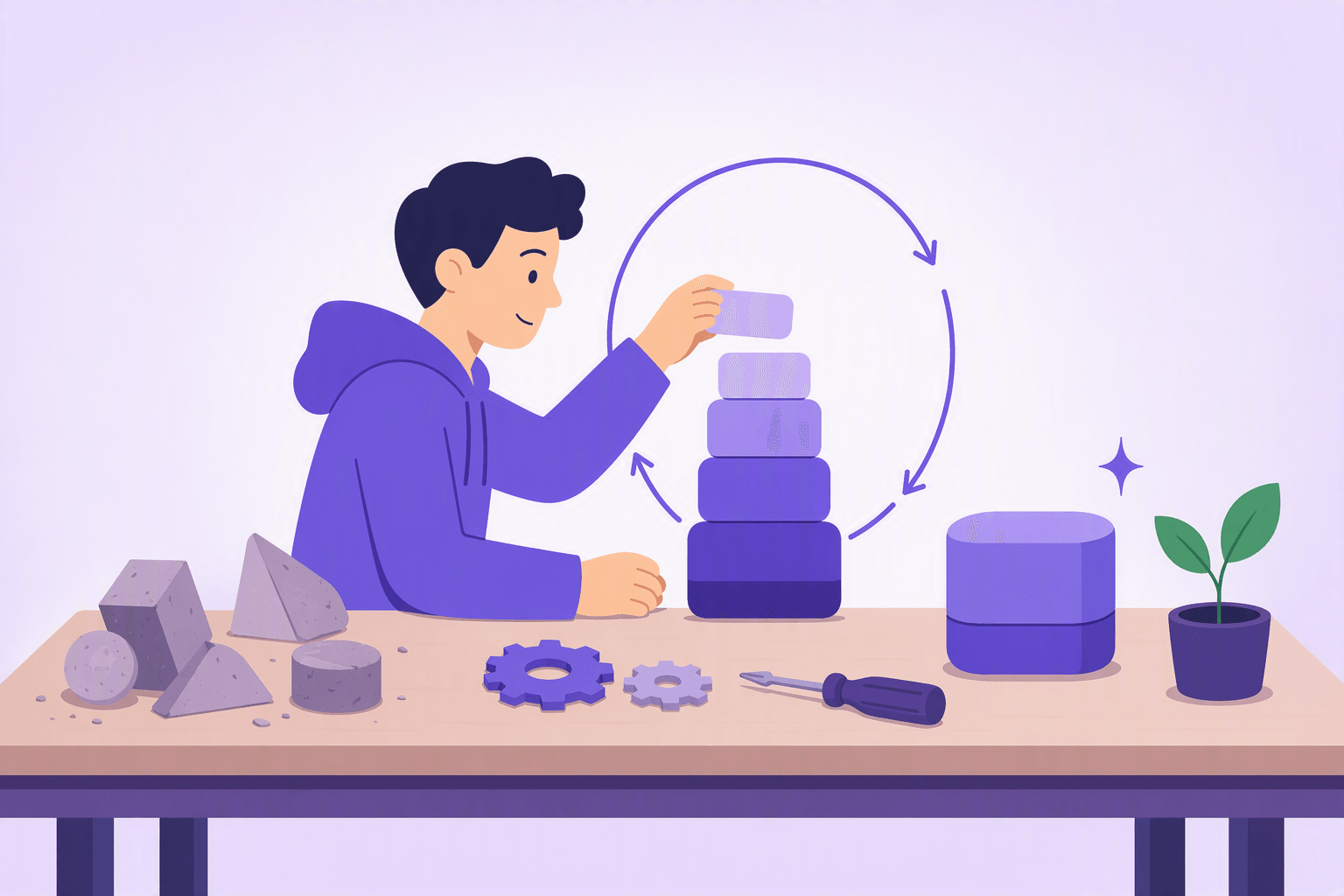 A maker stacking modular blocks into a growing tower inside a loop of iteration, with rough early prototypes set aside and a small sprout on the bench