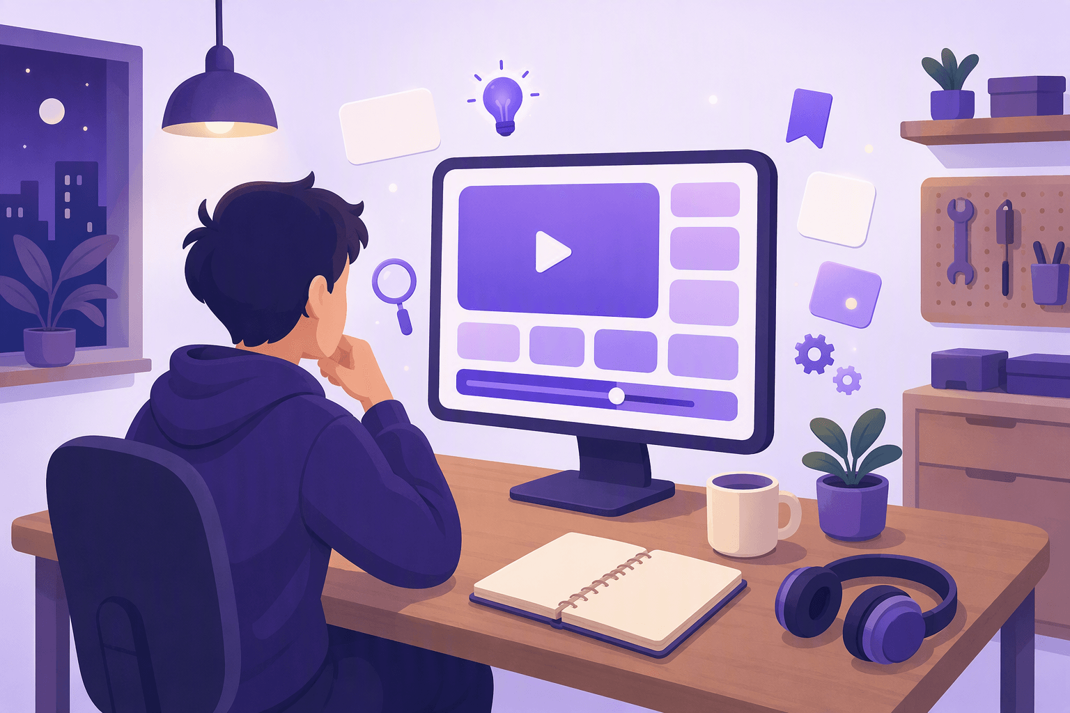 A solo founder working late at a home desk in front of a screen, surrounded by floating language-learning elements