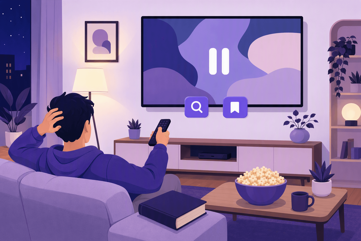 A viewer pausing a show on the TV to look up an unknown word, with a dictionary lying on the sofa beside them