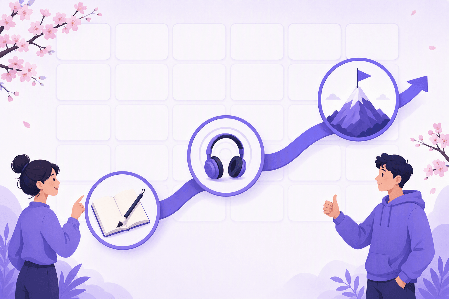 Three connected milestones on a rising path: an open notebook with a calligraphy brush, headphones with sound rings, and a mountain peak with a flag, over a blank wall planner grid