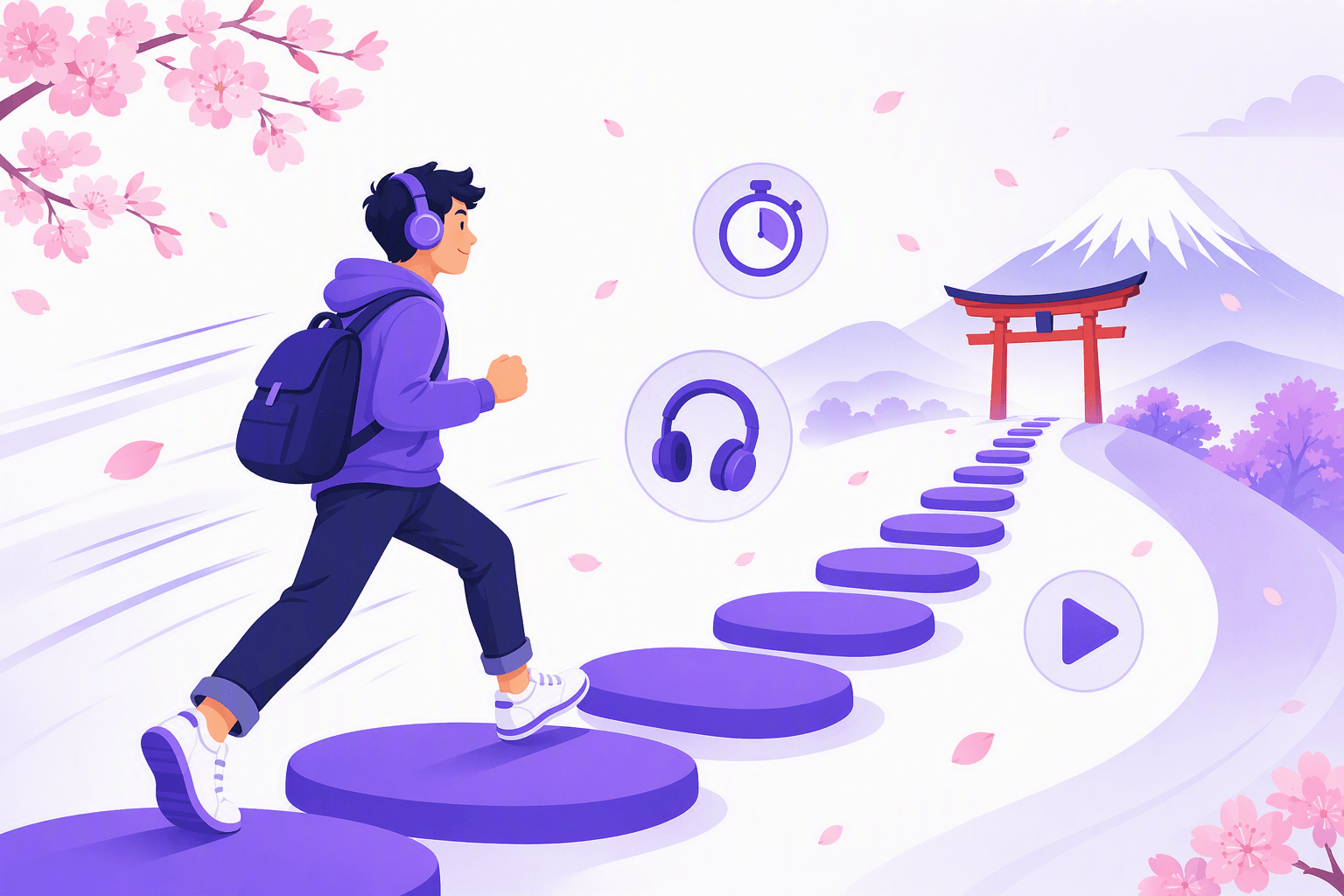 A learner with headphones moving quickly along a stepping-stone path toward a torii gate and Mount Fuji, with stopwatch, headphone and play icons floating alongside
