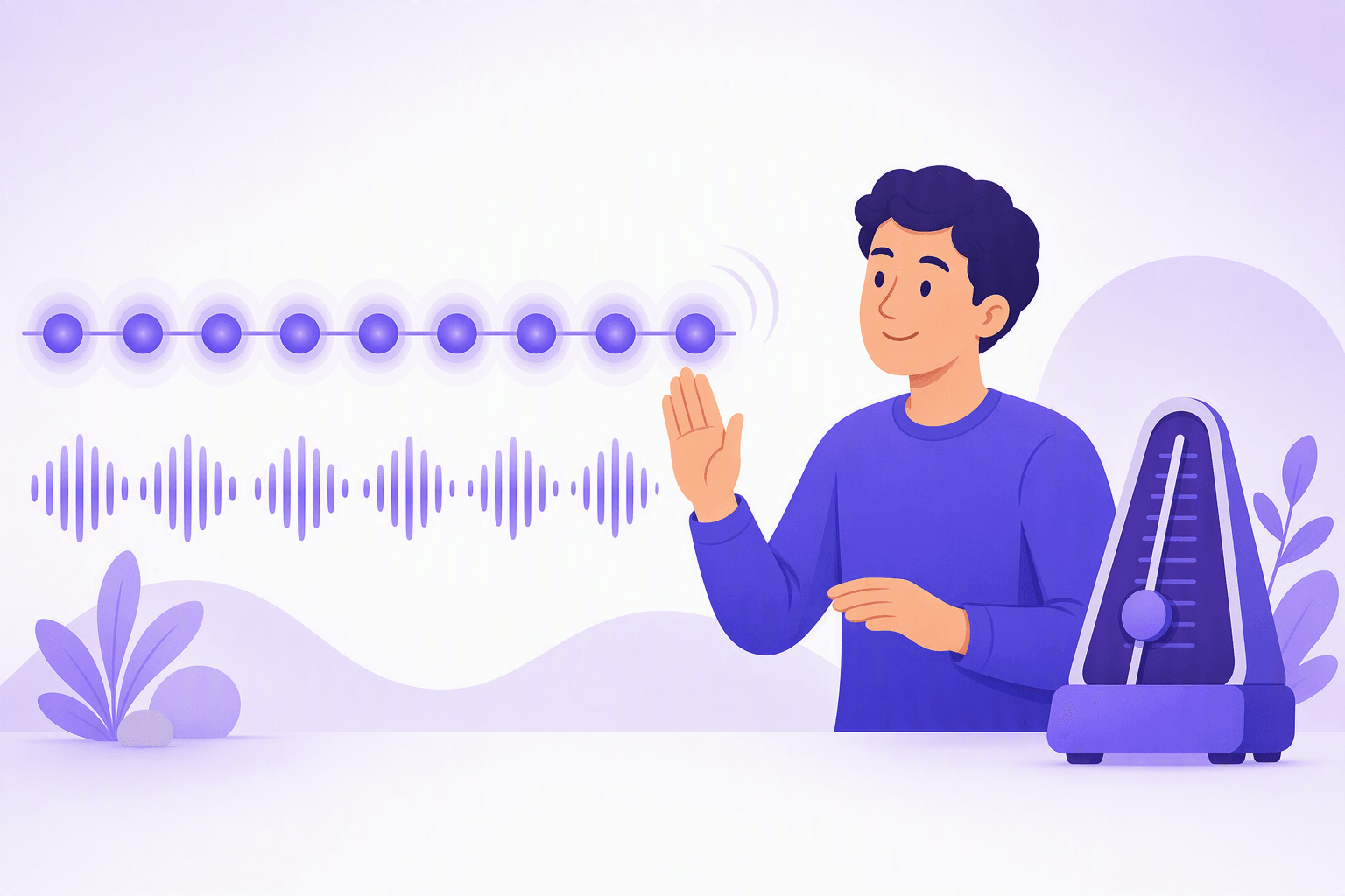 A row of identical evenly spaced glowing beads with pulse rings beside a person tapping the beat, next to a simple metronome shape, illustrating equal-length rhythm units