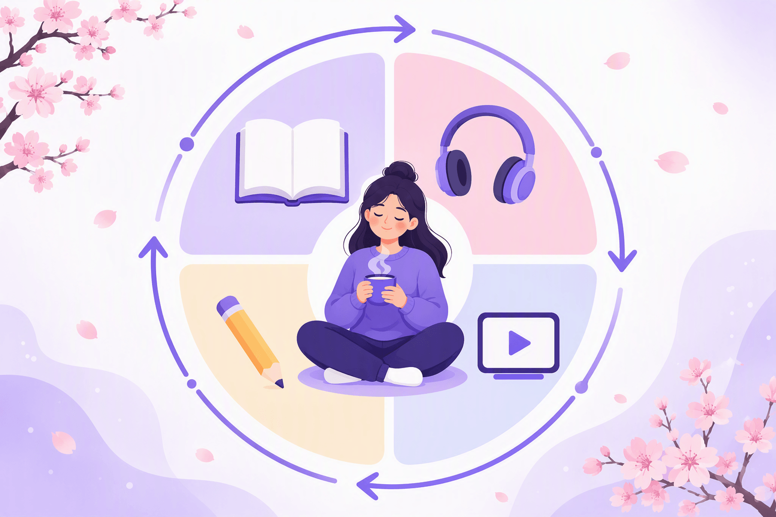 A circular routine loop split into four segments holding an open book, headphones, a pencil and a screen with a play triangle, with a calm learner and a warm cup in the centre