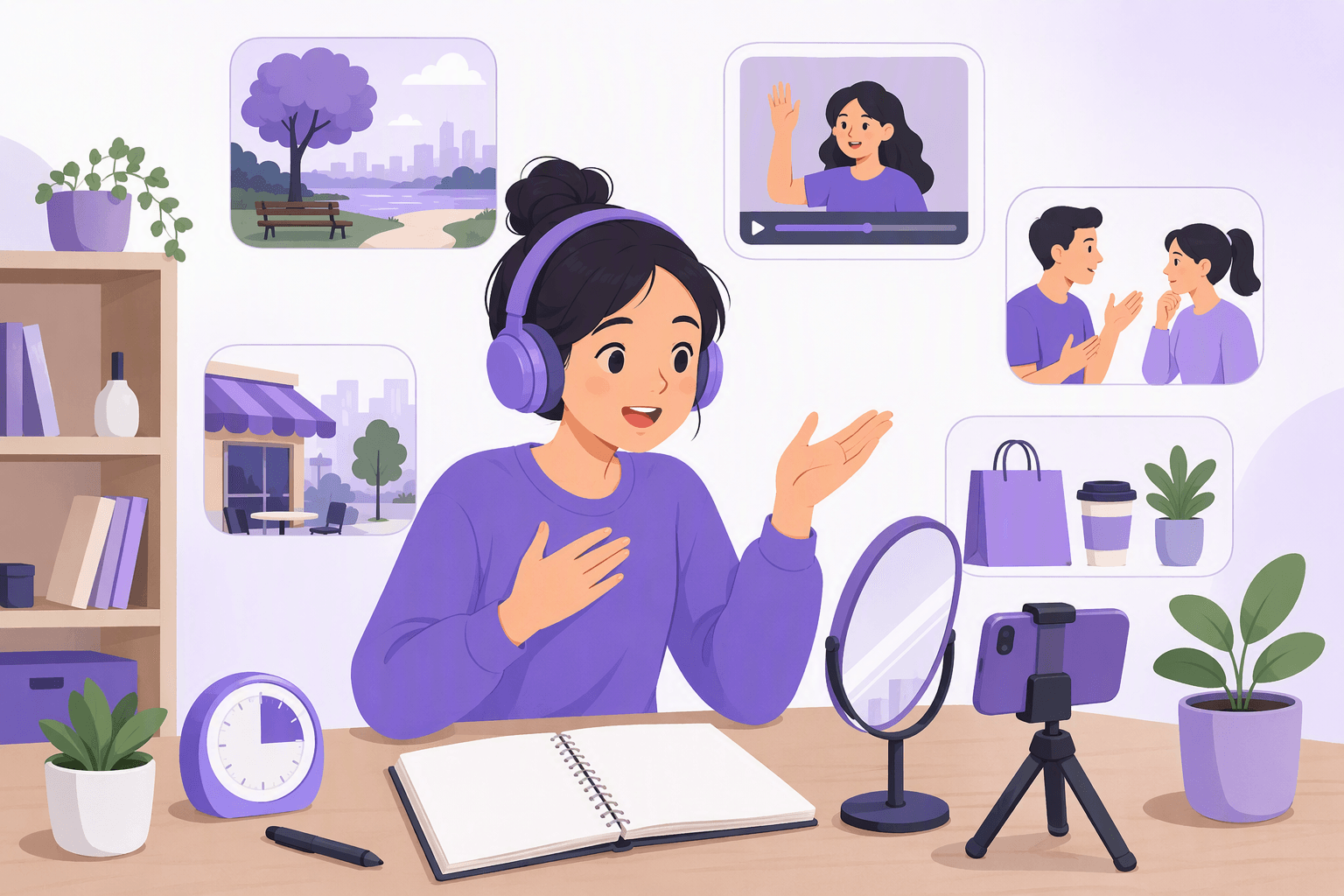 Flat-vector illustration of a learner speaking alone in a cozy room while recording on a smartphone, using a mirror, headphones, blank notebook, timer, and role-play objects for language practice.