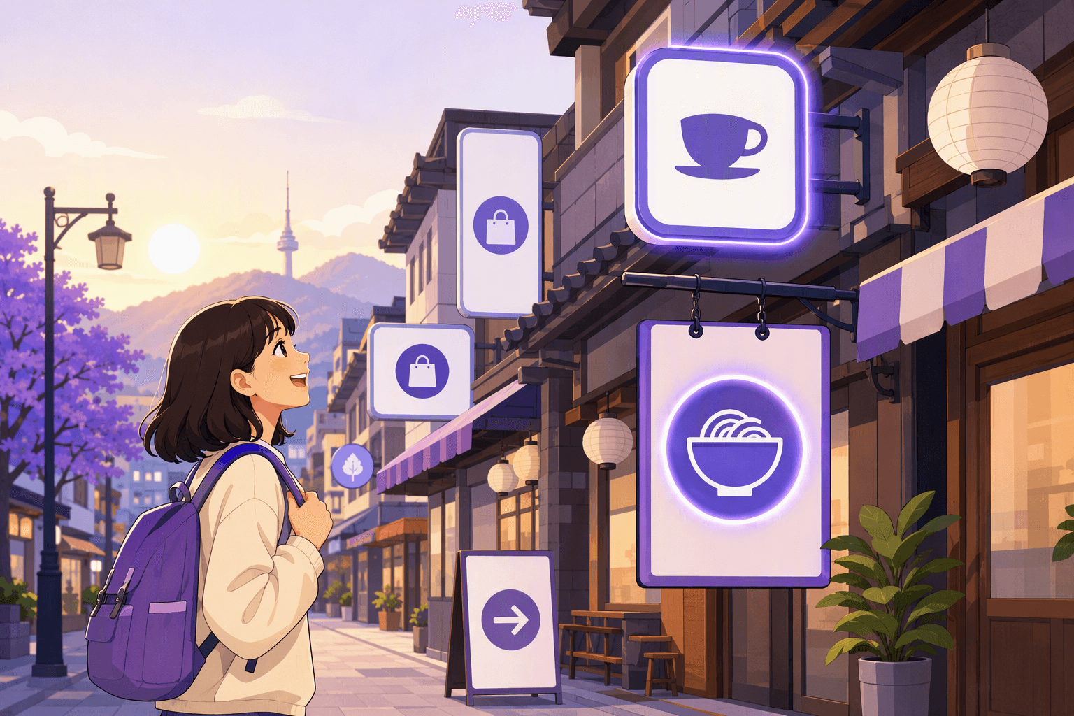 A learner on a Korean street looking up at shop signs and a menu board that carry only simple pictogram icons, two of them glowing to mark the moment a sign suddenly becomes readable