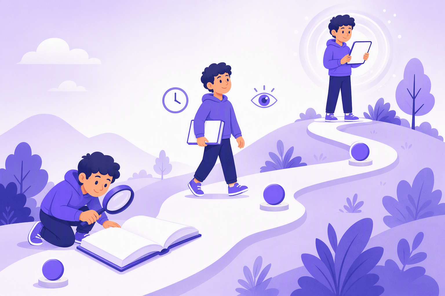 A winding path showing three stages of the same learner: crouching over a book with a magnifying glass, then walking upright with the book under one arm, then standing at the top reading confidently from a tablet