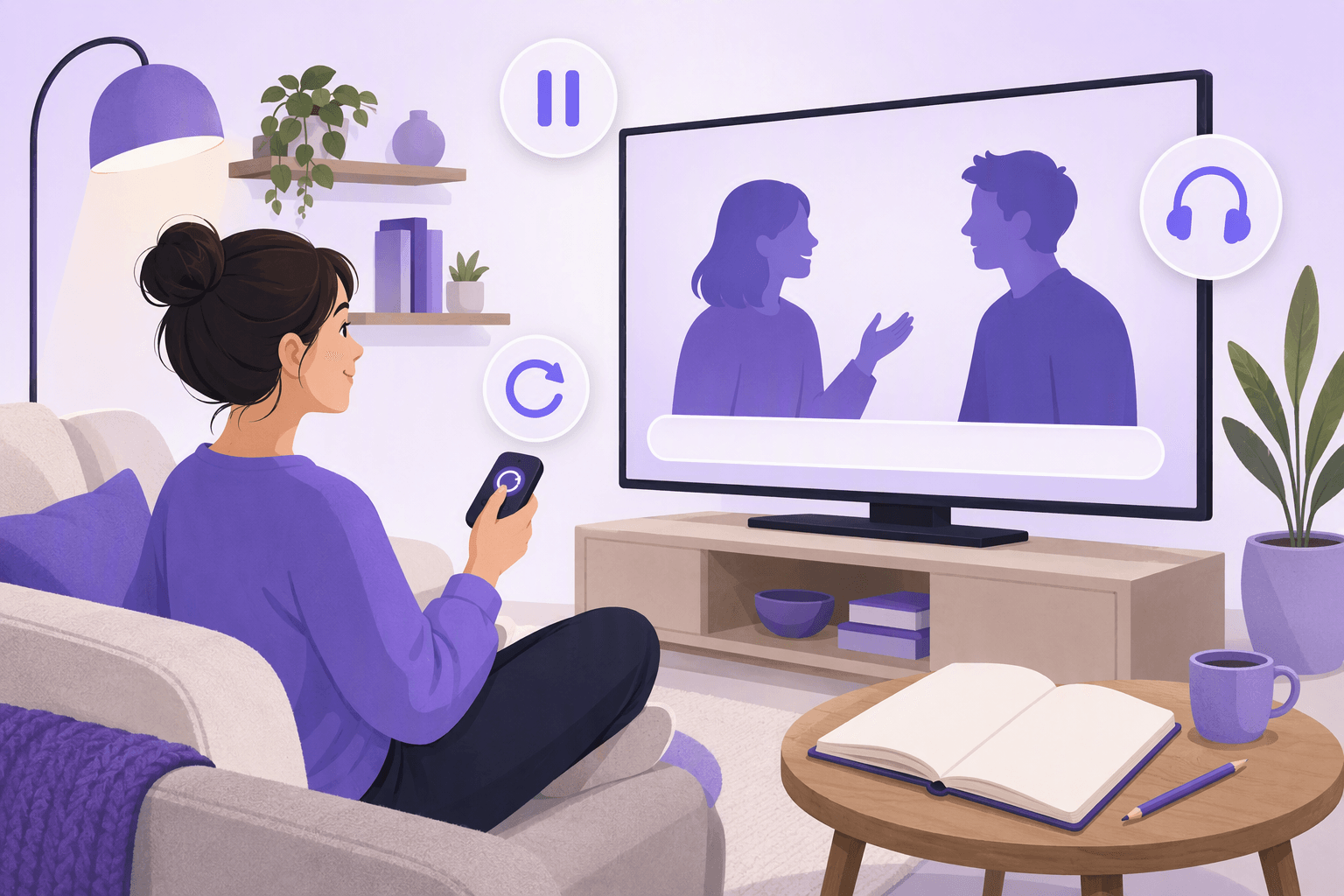 A learner on a couch replaying a short clip with a remote, two characters talking on screen above an empty subtitle bar, with pause, replay and headphone icons floating nearby and a blank notebook on the side table