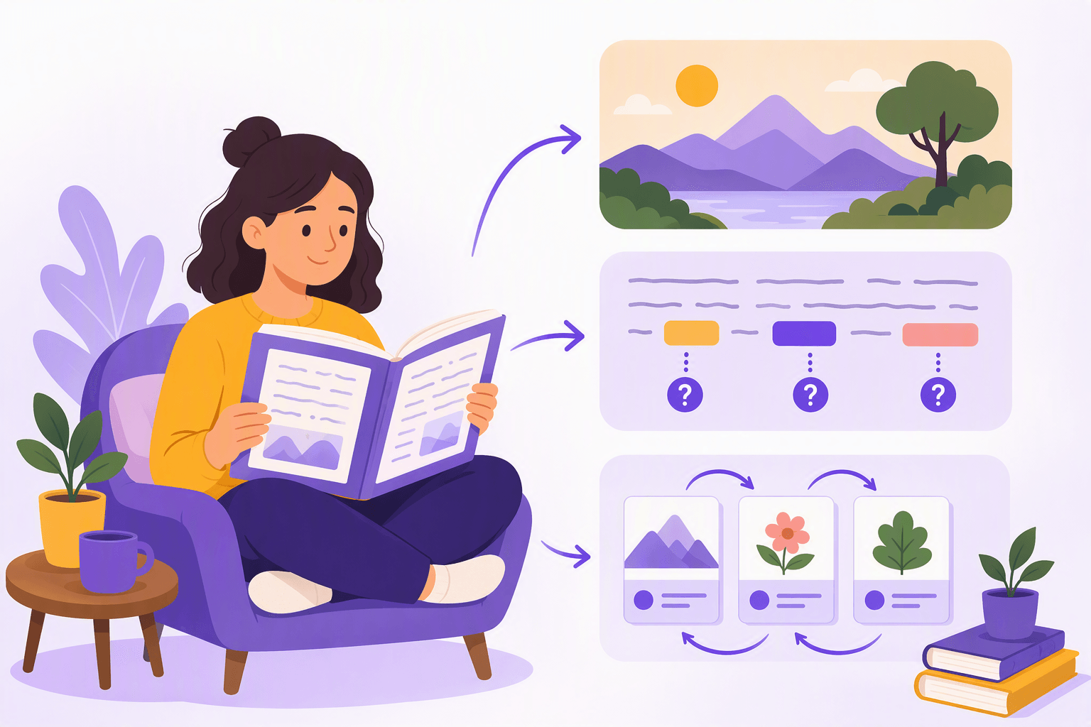Flat-vector scene of a learner reading an open book while a clear image, question-mark word tiles, and connected vocabulary cards represent understanding context, tolerating unknown words, and reviewing vocabulary.