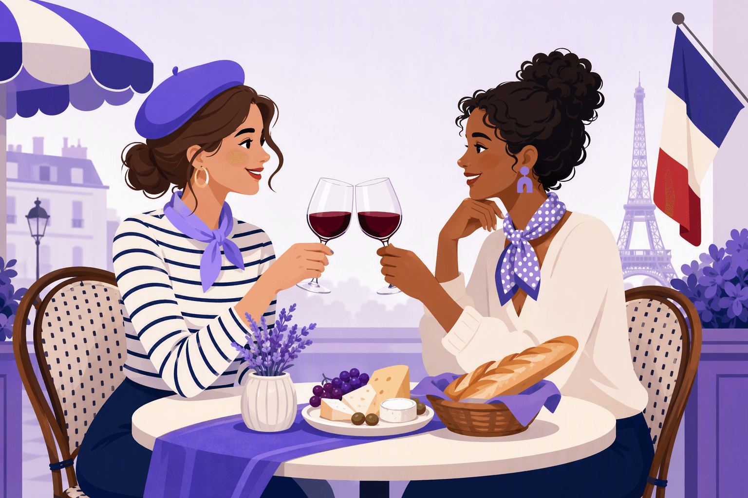 Two friends at a French café make eye contact while gently clinking wine glasses beside cheese and a baguette.