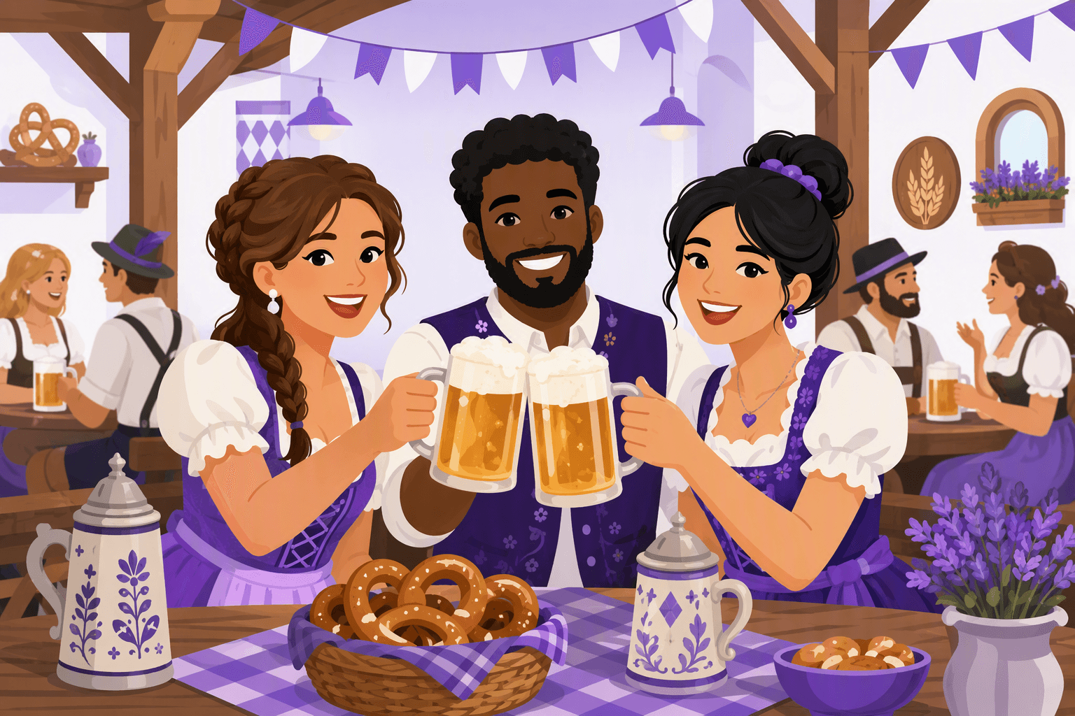 Three friends in a German beer hall make eye contact while raising beer glasses for a toast beside pretzels and beer steins.