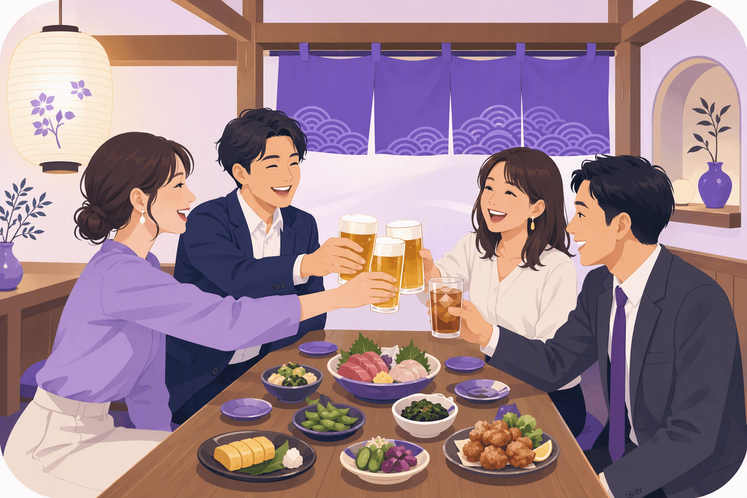 Friends and coworkers raising their glasses together for a kanpai toast around a low izakaya table