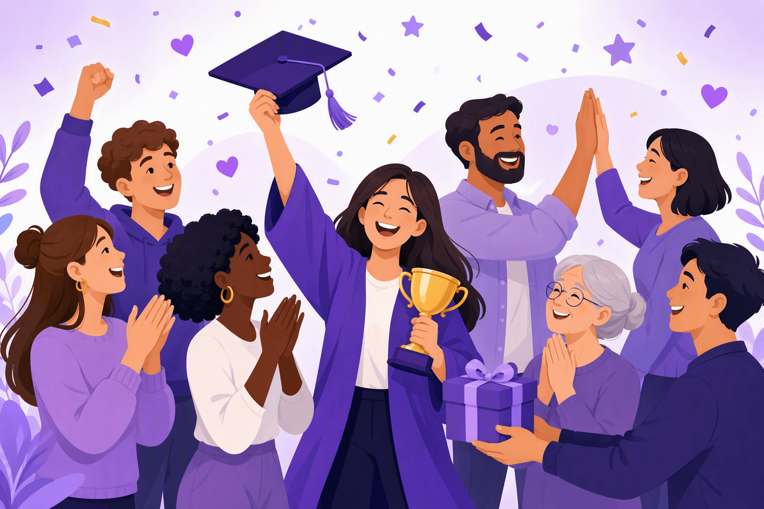 Friends and family cheering, applauding and high-fiving around a graduate holding a cap, a trophy and a gift, with confetti in the air