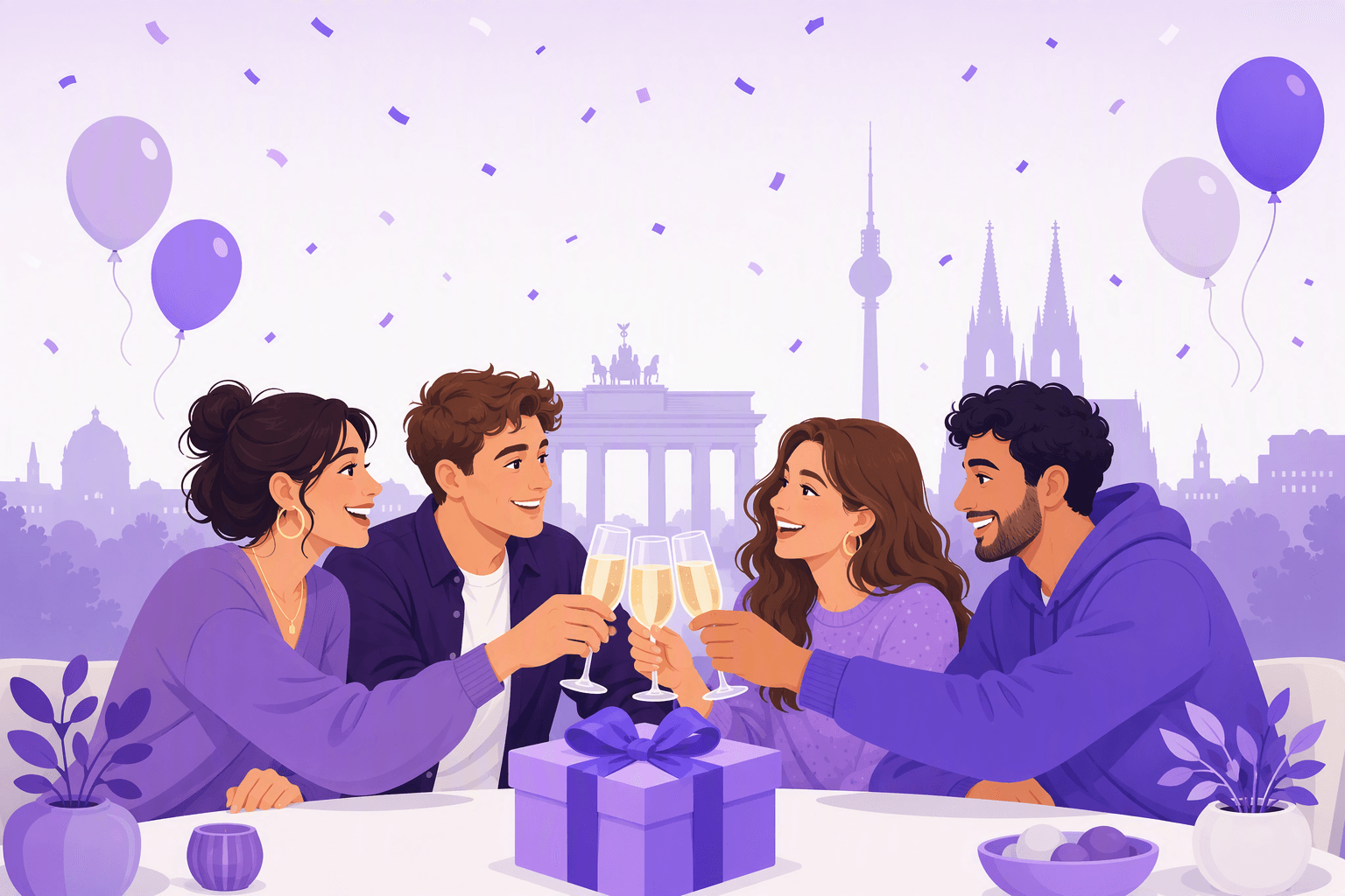 Friends raising glasses in a toast with confetti, balloons and a gift box, in front of a German city skyline