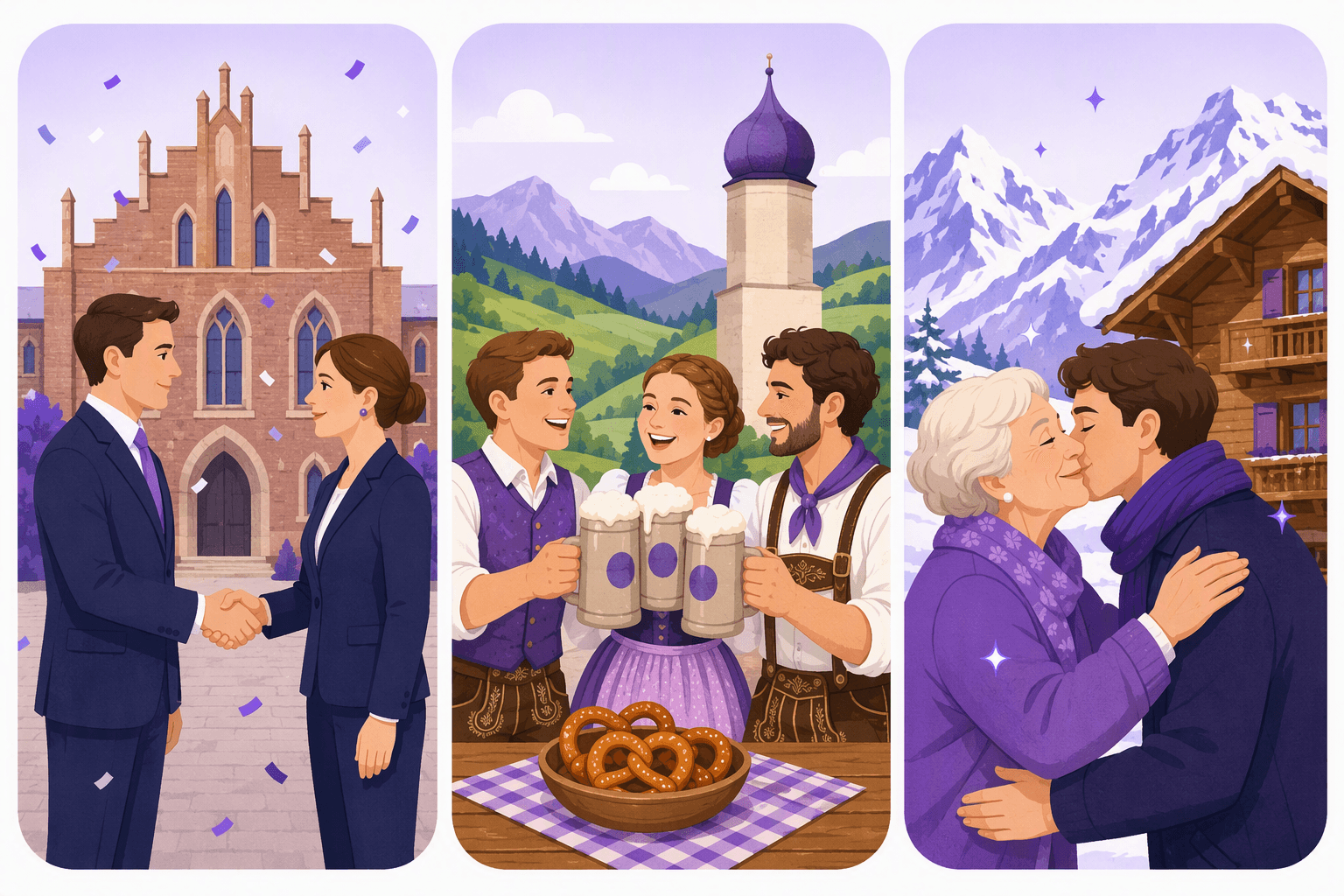 Three regional celebration scenes: a formal handshake in northern Germany, friends toasting with beer steins in Bavaria, and a warm cheek-kiss greeting in the Alps