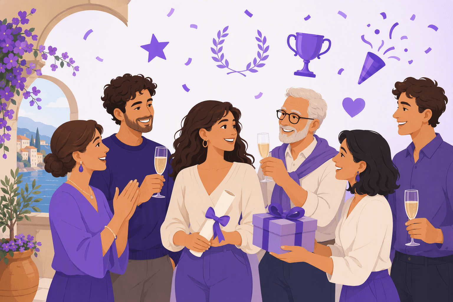 Friends and family on an Italian terrace raising glasses, clapping and handing over a gift to congratulate someone holding a diploma scroll