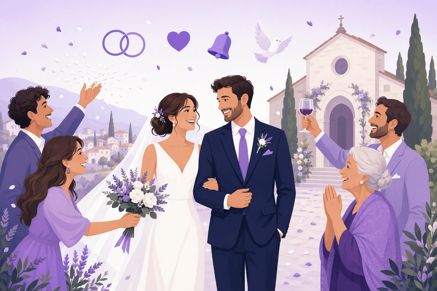 Wedding guests outside an Italian village church tossing rice, offering flowers and raising a glass to the bride and groom