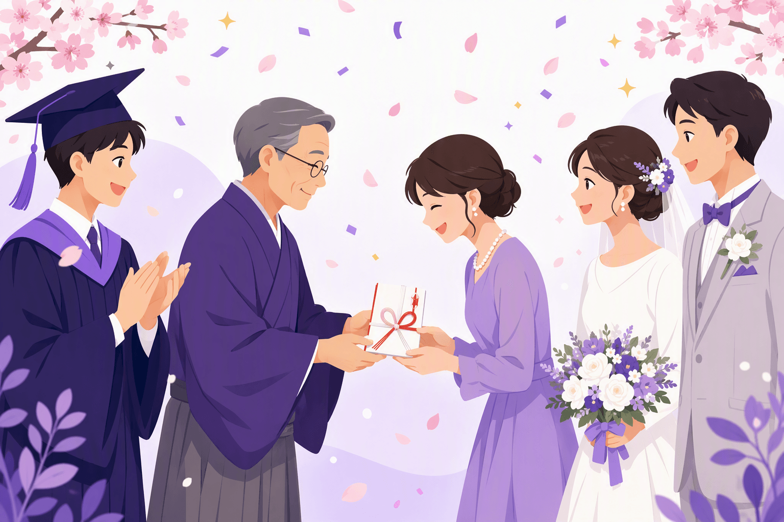 Japanese celebration scene with a graduate applauded by friends, an elder presenting a red-and-white mizuhiki congratulatory envelope with both hands, and a wedding couple under falling cherry blossom petals