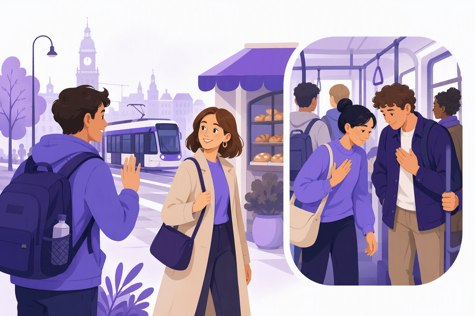 A traveler politely getting a passer-by's attention on a German street, and a commuter apologetically squeezing past another passenger on a tram