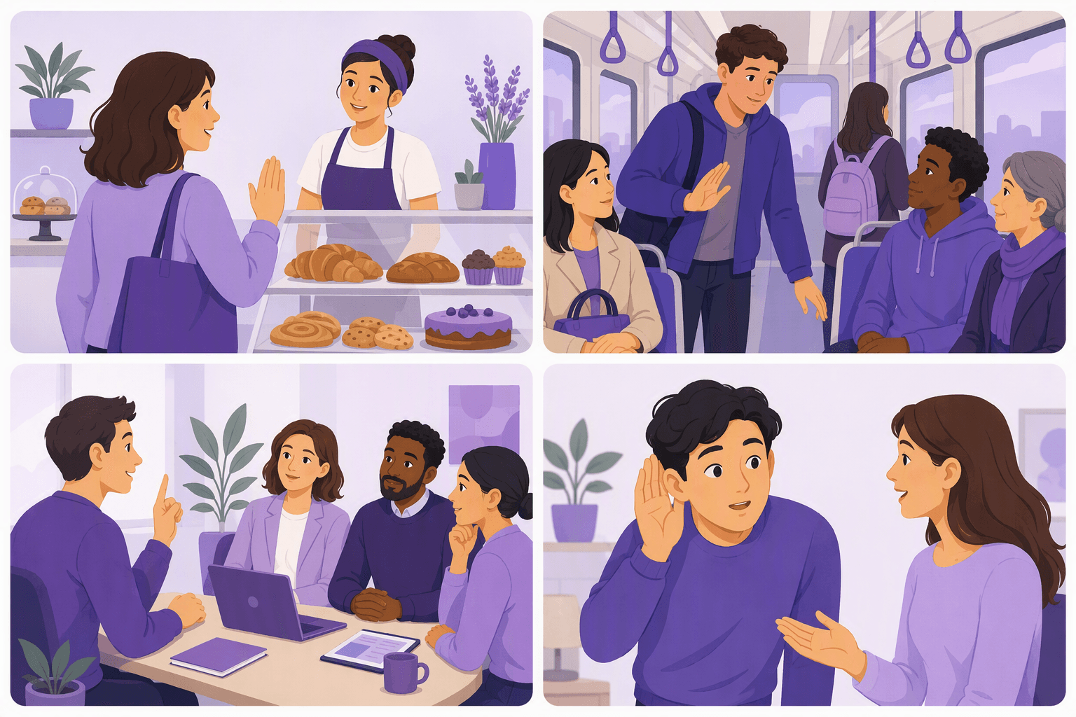 Four everyday situations: asking a bakery clerk for help, slipping past seated passengers on a tram, raising a finger to speak in a meeting, and leaning in with a hand at the ear after missing what someone said