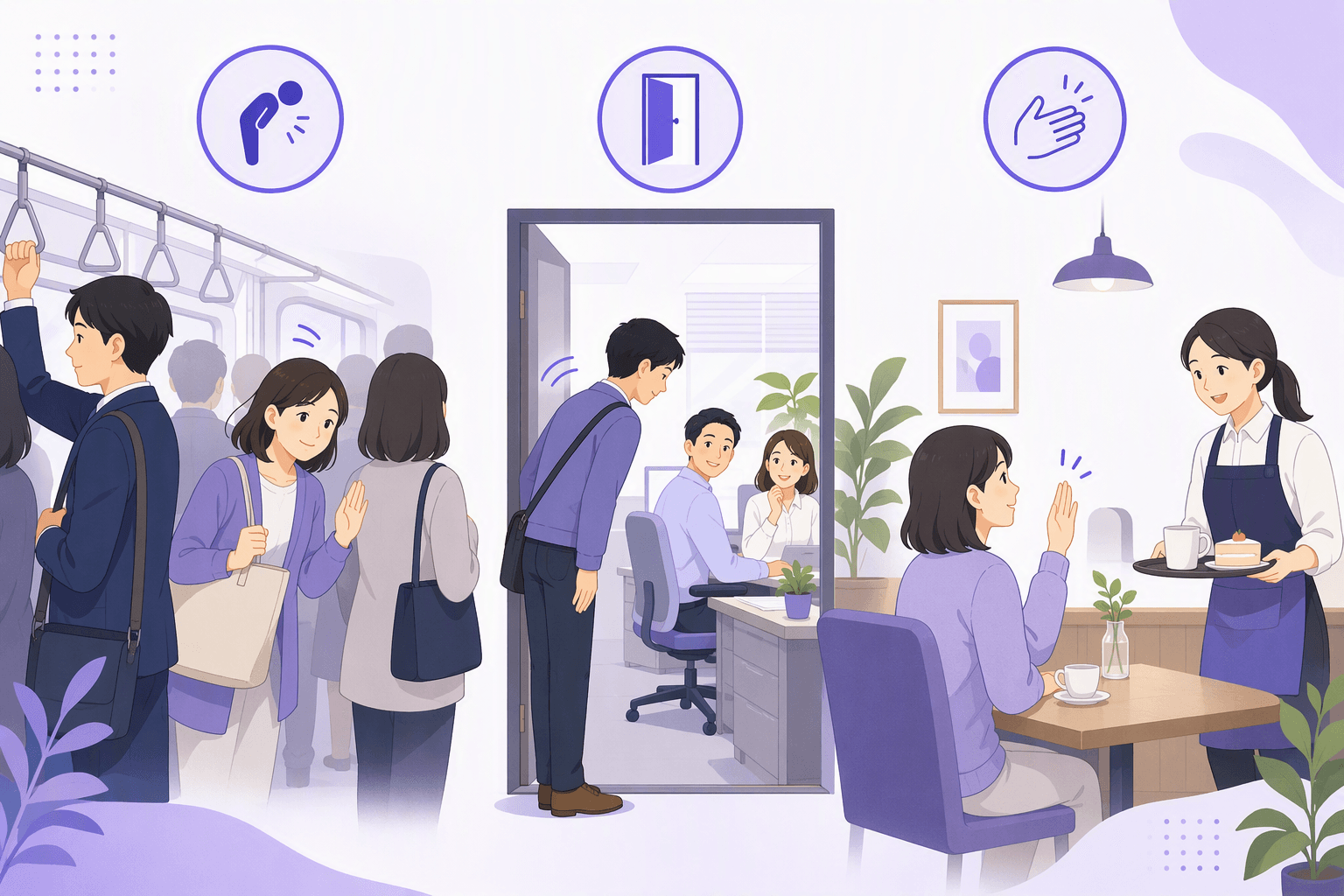 Three everyday scenes in Japan: a commuter turning sideways to slip past others on a crowded train, an employee bowing at an office doorway before entering, and a cafe guest raising a hand to catch a server's attention